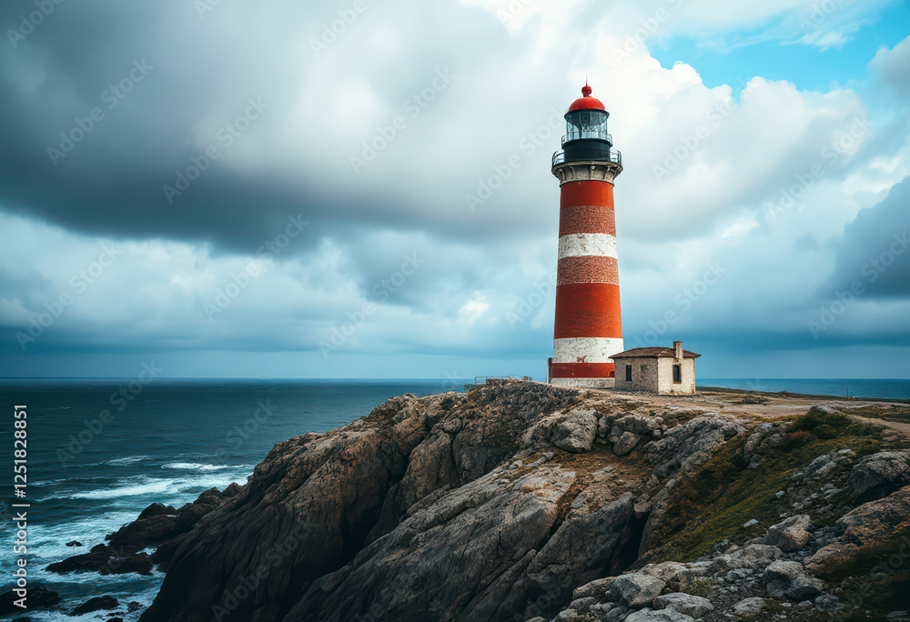 A tall lighthouse illuminates the rocky coastline as dark clouds gather above the ocean waves, showcasing nature's raw beauty. A tall lighthouse illuminates the rocky coastline as dark clouds gather above the ocean waves, showcasing nature's raw beauty.