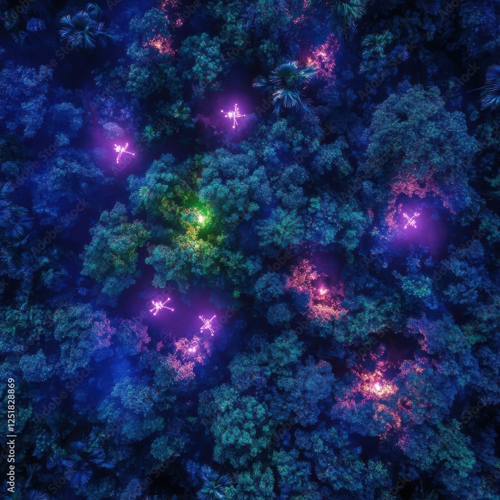 Fototapeta premium Vibrant Aerial View of Neon Lights Amidst Lush Forest Landscape