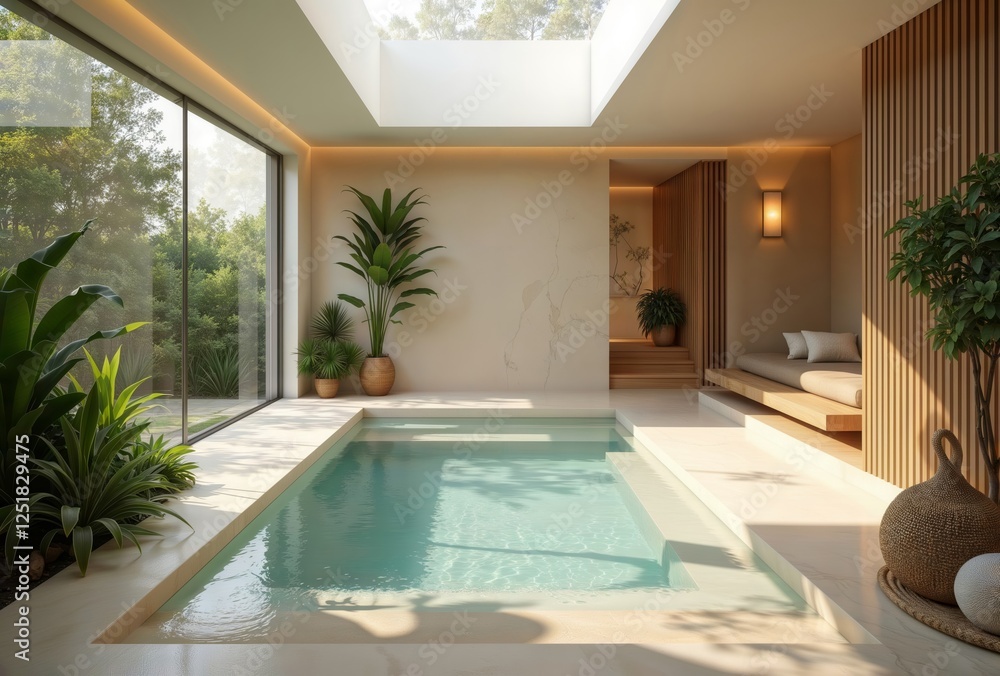 Indoor Pool. View of luxury home interior with elegant and modern swimming pool.