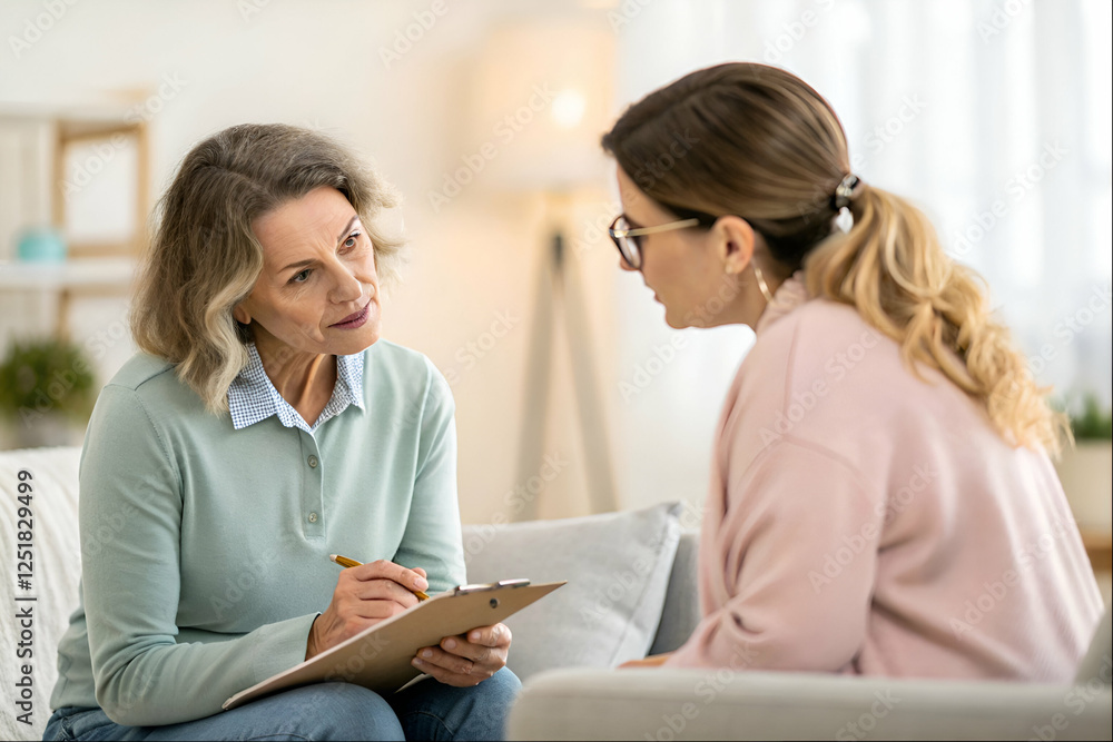 Therapist And Patient Discussing In Living Room. Consultation Session With