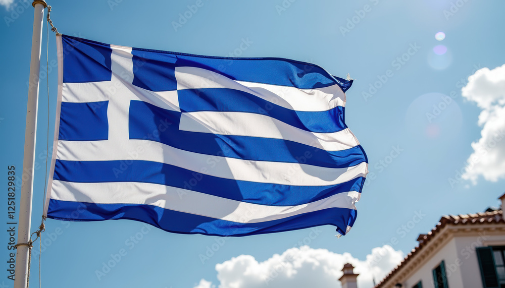 Obraz premium Greece flag waving in the wind under a clear blue sky, symbolizing national pride and celebrating Independence Day.