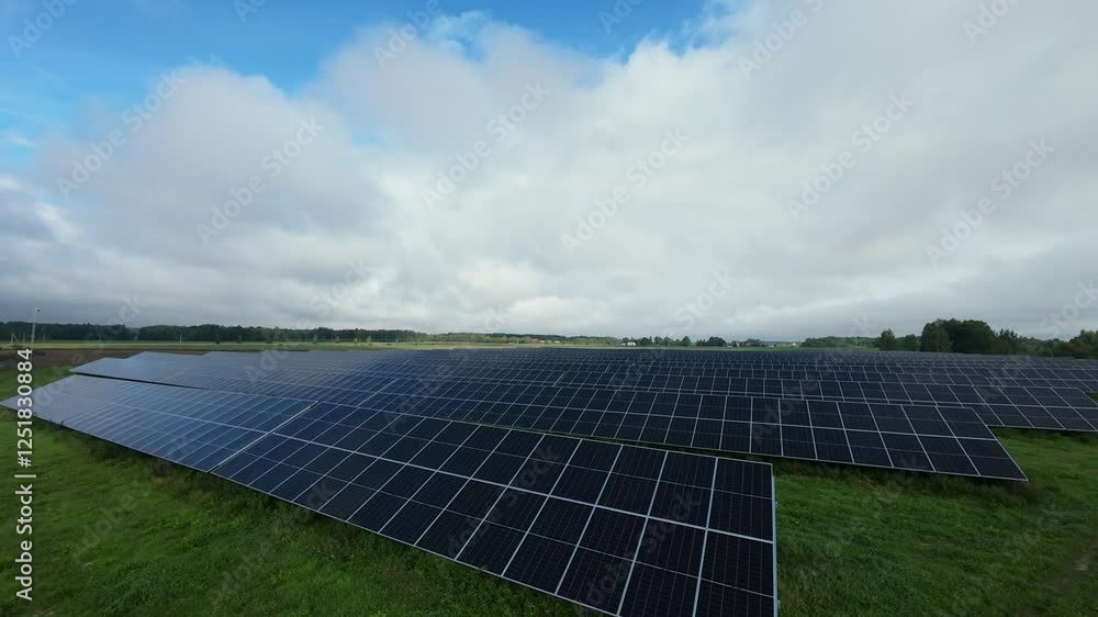 Aerial View of Solar Panels in Green Field Under Blue Sky Drone captures solar farm with rows of panels on grassy field beneath cloudy blue sky renewable energy, sustainability and eco-friendly themes Aerial View of Solar Panels in Green Field Under Blue Sky Drone captures solar farm with rows of panels on grassy field beneath cloudy blue sky renewable energy, sustainability and eco-friendly themes