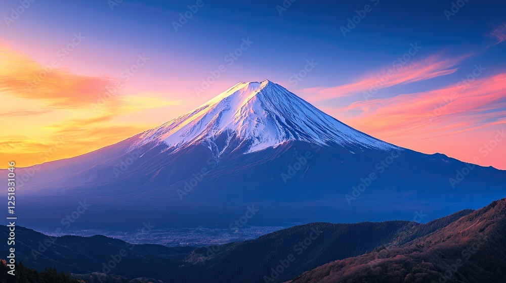 A snow-capped mountain against a stunning colorful sky at dusk, creating a dramatic view.