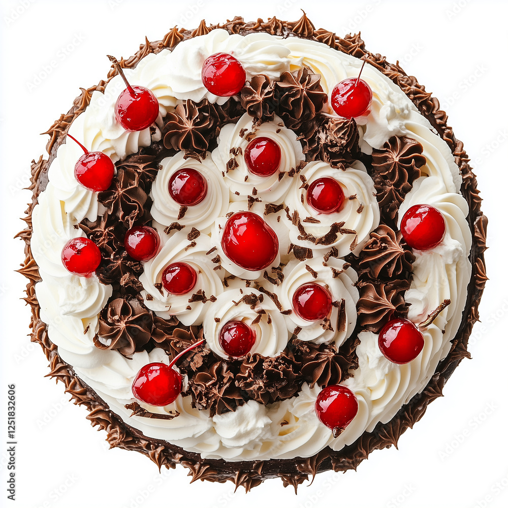 Top view of Black Forest Cake, isolated on white, photorealistic food