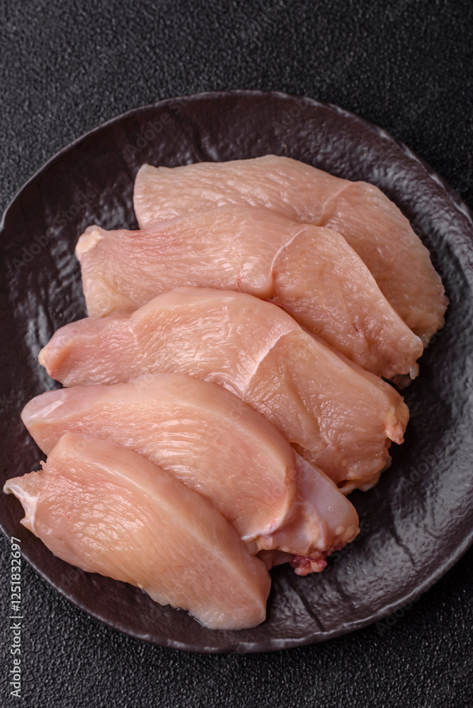 Raw chicken or turkey fillet cut into slices with salt, spices and herbs Raw chicken or turkey fillet cut into slices with salt, spices and herbs