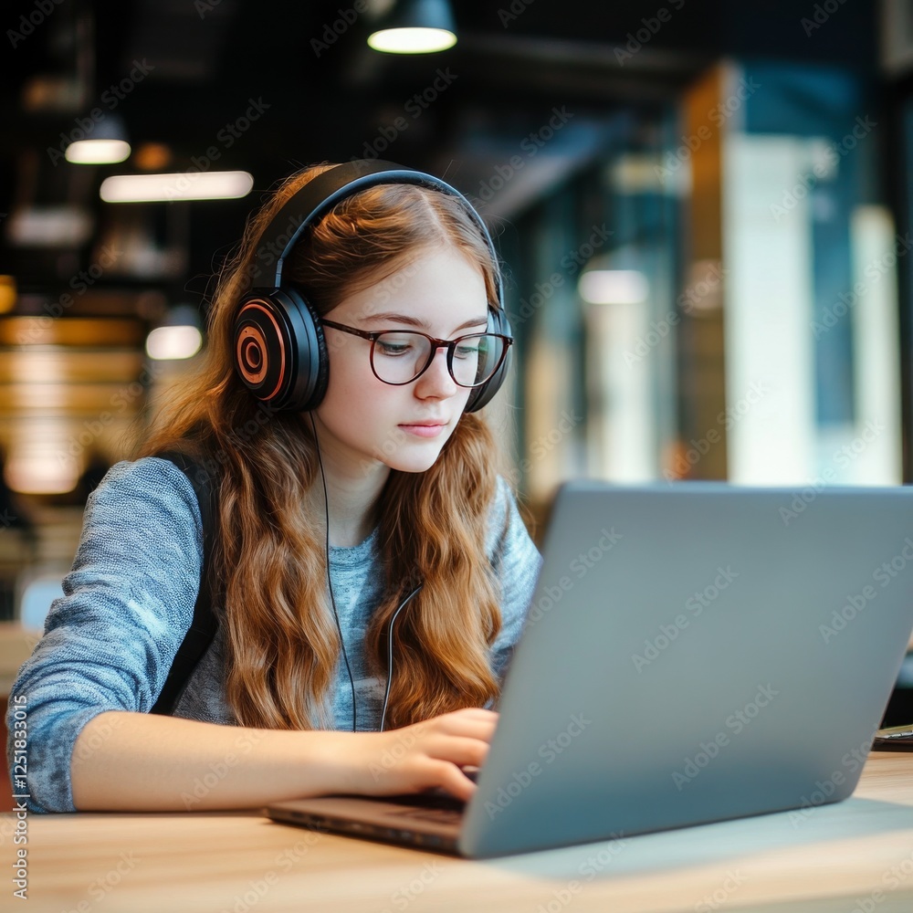 Focused student using laptop with headphones in modern workspace Focused student using laptop with headphones in modern workspace