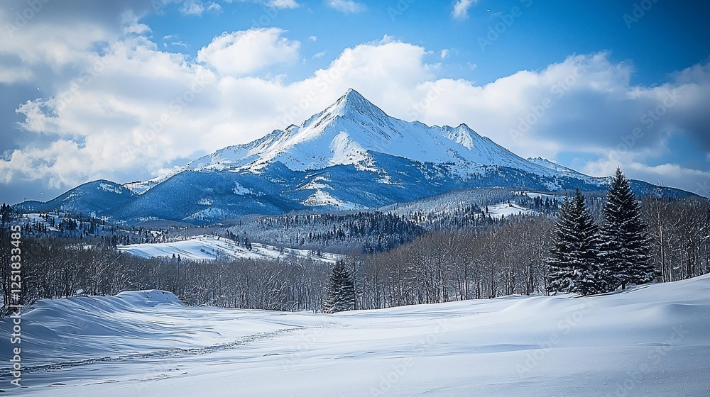 Snowy mountain peak winter landscape, serene valley, clear sky, nature photography, ideal for calendars Snowy mountain peak winter landscape, serene valley, clear sky, nature photography, ideal for calendars