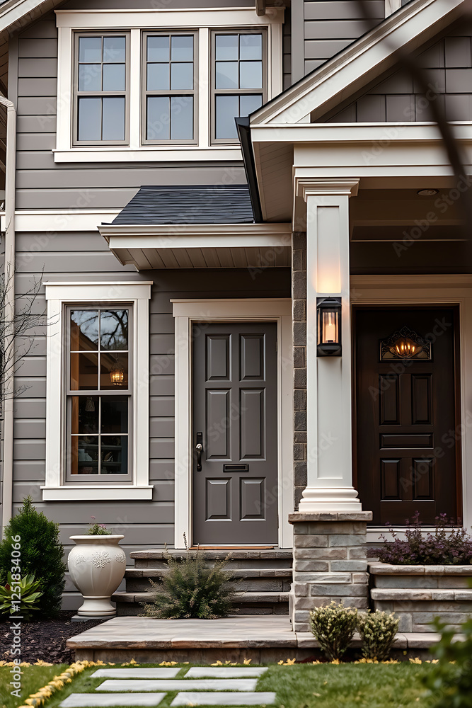 Obraz premium Luxury Home Exterior: Gray House with Modern Design and Stone Accents