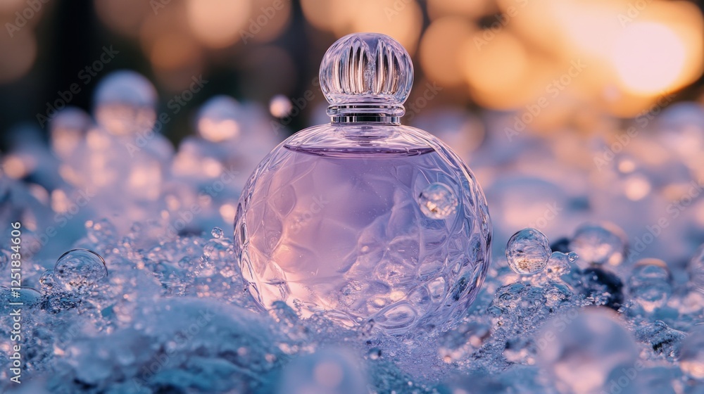 Sunset perfume bottle, ice, bokeh, ad campaign Sunset perfume bottle, ice, bokeh, ad campaign