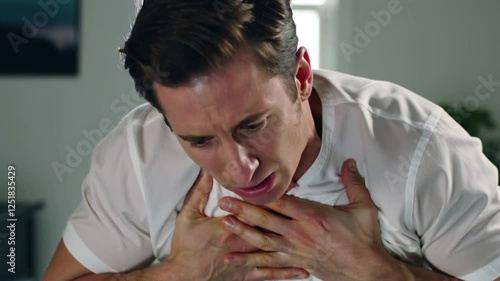 Caucasian man choking on food while drowning in distress