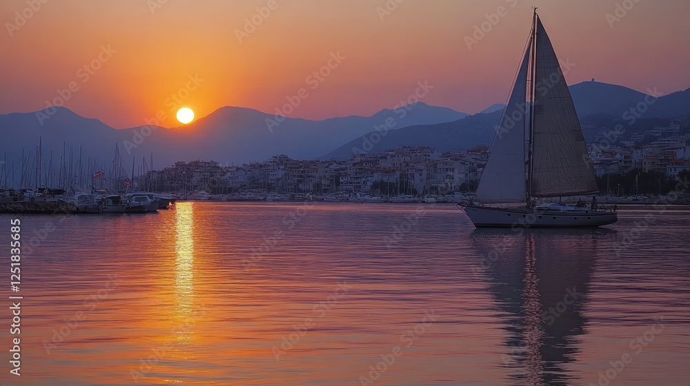 Sunset sailboat harbor mountains Greece travel Sunset sailboat harbor mountains Greece travel