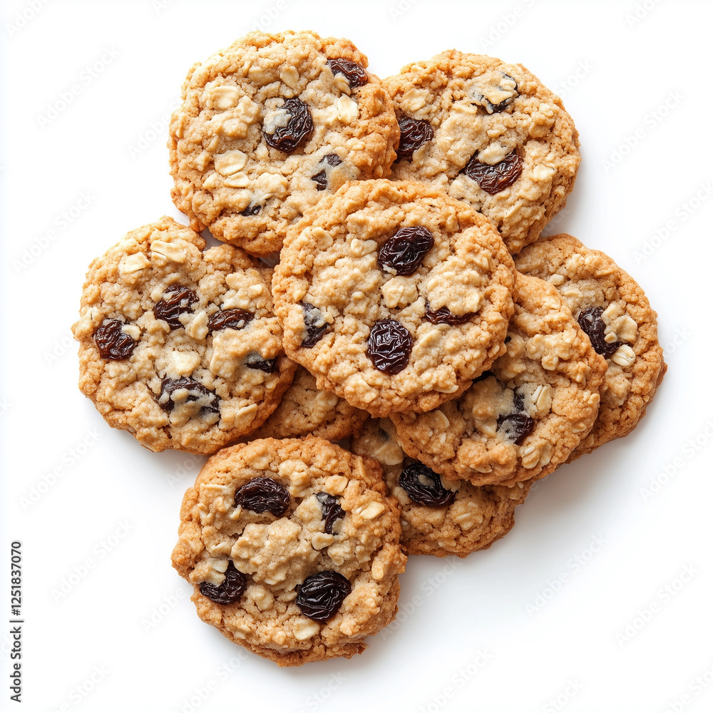 Top down view of Oatmeal Raisin Cookies, isolated on white, food photography Top down view of Oatmeal Raisin Cookies, isolated on white, food photography