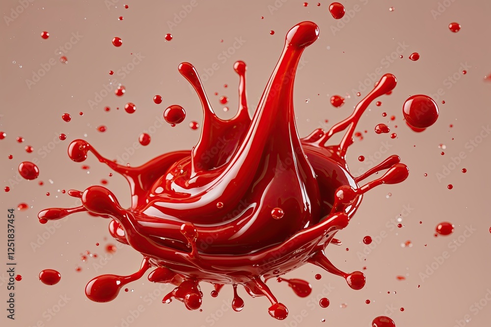 Dynamic Red Ketchup Splash with Droplets on Isolated Background Dynamic Red Ketchup Splash with Droplets on Isolated Background