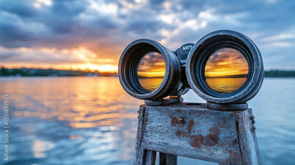 Sunset view binoculars lake pier observation Sunset view binoculars lake pier observation