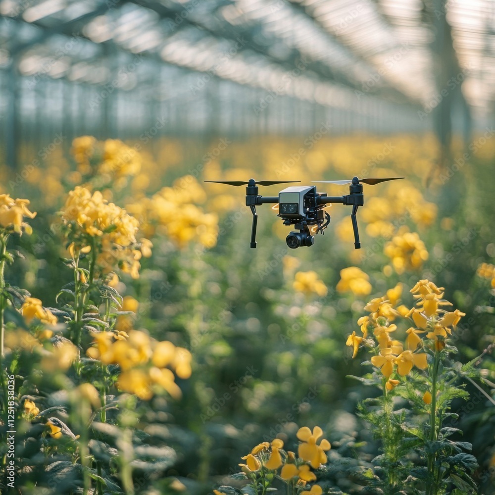 Drone Flying Over Yellow Flowers in Bright Greenhouse Environment Drone Flying Over Yellow Flowers in Bright Greenhouse Environment