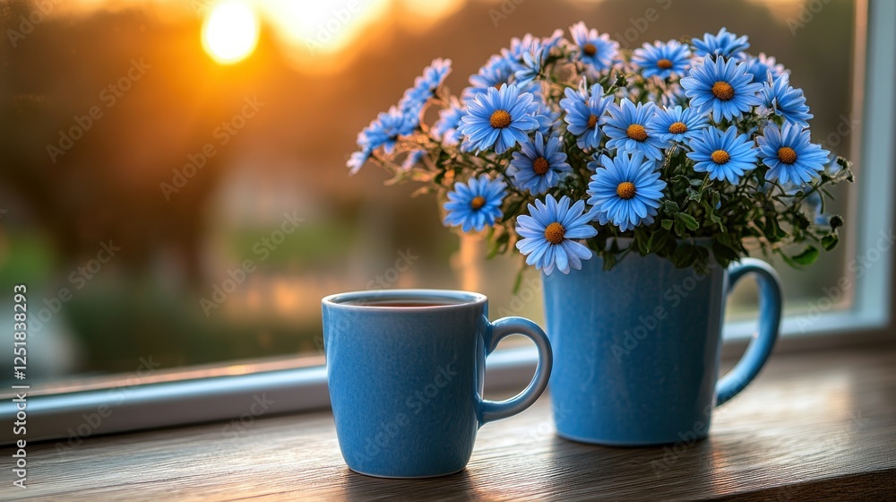 Sunset windowsill, blue flowers, tea, calm morning Sunset windowsill, blue flowers, tea, calm morning