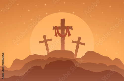 Easter and Resurrection illustration, Three crosses on a mountain with a sunset in the background, the central cross has a red cloth draped over it