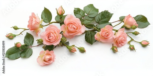 A flat lay of pink roses, leaves, and small buds on a clean white surface, showcasing natural elegance and delicate floral beauty photo