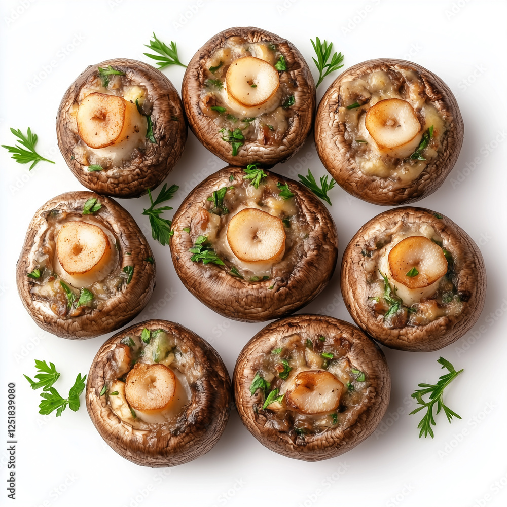 Top view of Stuffed mushrooms, isolated on white, photorealistic food Top view of Stuffed mushrooms, isolated on white, photorealistic food