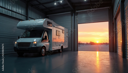 Fototapeta Naklejka Na Ścianę i Meble -  Motorhome parked inside storage facility. Sunset light shines through garage door on RV. Vehicle ready for road trip adventure. Safe parking for camper during travel season.