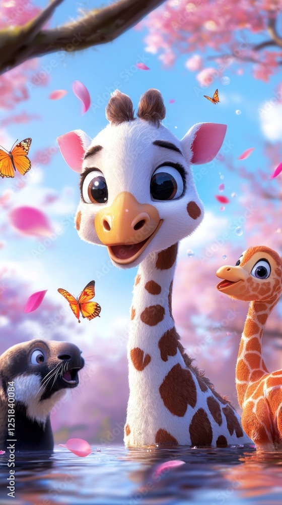 Adorable cartoon giraffes and otter in a serene spring scene with butterflies and cherry blossoms. Adorable cartoon giraffes and otter in a serene spring scene with butterflies and cherry blossoms.