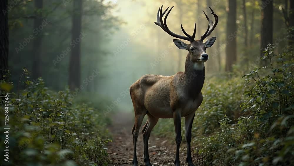 Standing Deer in Forest on Path with Fog and Morning Light Standing Deer in Forest on Path with Fog and Morning Light