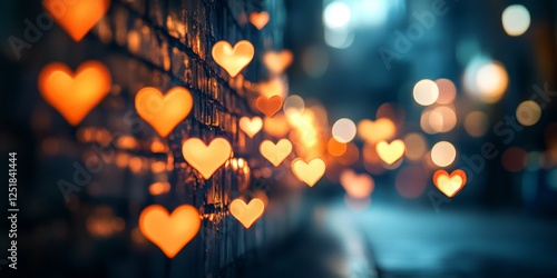 Heart-shaped glowing bokeh lights reflecting on an urban brick wall during a dreamy nighttime street scene, evoking mystery and romance photo