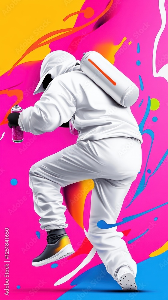 Astronaut graffiti artist in action against vibrant pink, yellow, and blue abstract background. Astronaut graffiti artist in action against vibrant pink, yellow, and blue abstract background.