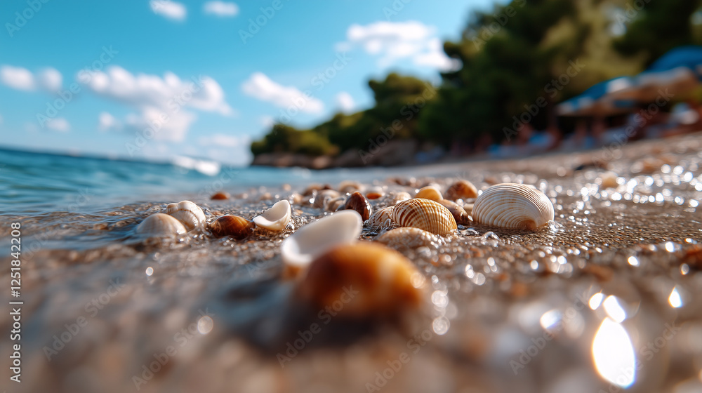 close up view of sea and ocean shells and stones on beach with sand and waves, beach summer concept background close up view of sea and ocean shells and stones on beach with sand and waves, beach summer concept background