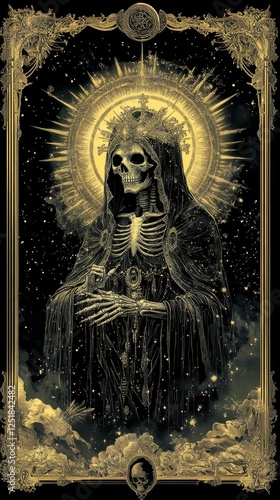 Enigmatic Black and Gold Tarot Card with Intricate Symbolic Designs Representing Mystery and Divination