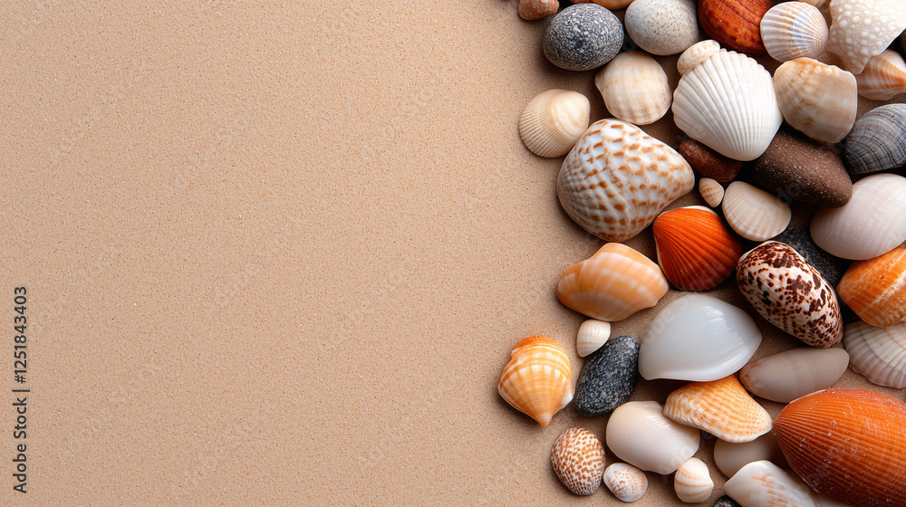 sea and ocean shells and stones on sand, beach summer concept background with copy space sea and ocean shells and stones on sand, beach summer concept background with copy space