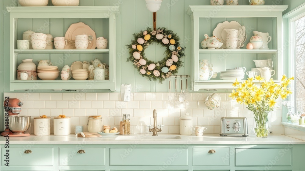 Charming Easter kitchen with pastel dishware and daffodils brightening the decor Charming Easter kitchen with pastel dishware and daffodils brightening the decor