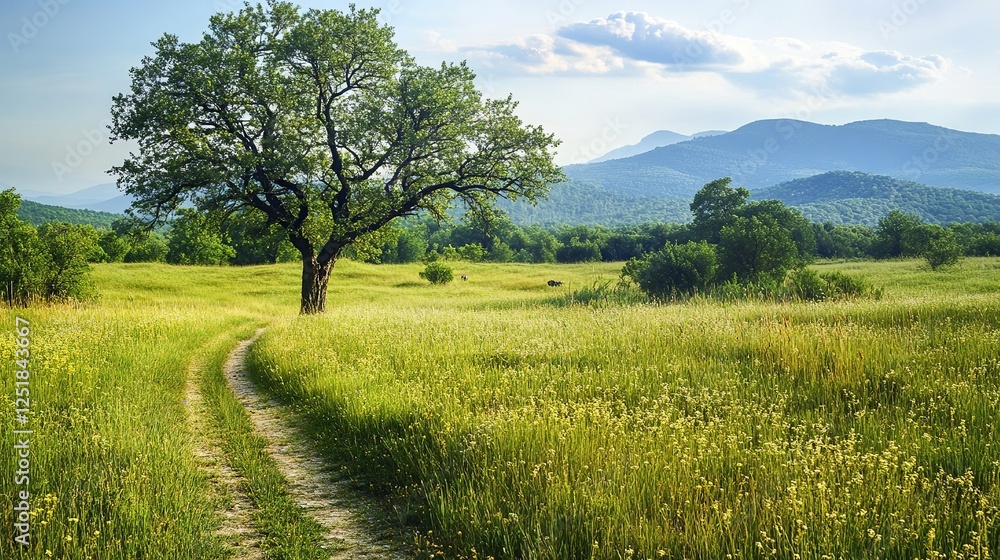 Exploring serene nature trails amidst vibrant green fields and majestic mountains tranquil landscape scenic viewpoint Exploring serene nature trails amidst vibrant green fields and majestic mountains tranquil landscape scenic viewpoint