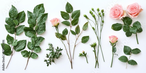 A floral composition of various rose stems, green leaves, and buds placed neatly on a white background, highlighting natural diversity and texture photo