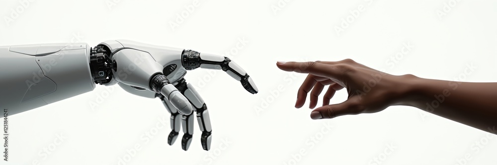 Human hand reaching out to robotic android hand. Artificial intelligence interaction, collaboration concept. Technology innovation, science fiction, futuristic machine automation, cyborg connection. Human hand reaching out to robotic android hand. Artificial intelligence interaction, collaboration concept. Technology innovation, science fiction, futuristic machine automation, cyborg connection.
