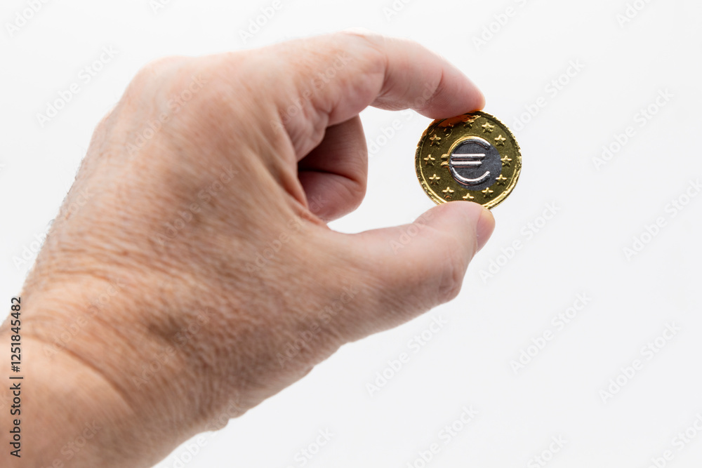 Mano sujetando una moneda de Euro aislado en blanco Mano sujetando una moneda de Euro aislado en blanco