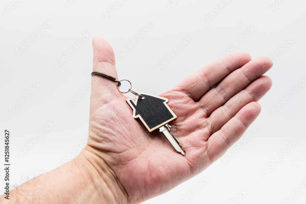 Mano sujetando un llavero de madera con forma de casa con una llave, aislado en blanco Mano sujetando un llavero de madera con forma de casa con una llave, aislado en blanco