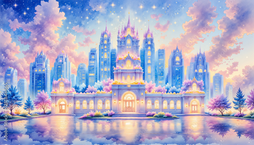 Fototapeta premium Enchanting fantasy castle amid pastel skyline, dreamlike escape