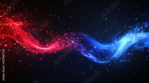 Abstract red and blue glowing waves crossing space with particles and stars