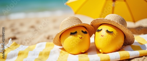 Playful lemons with faces on beach for summer blogs, vacation promotions, citrus-themed designs, wellness content, and creative food photography