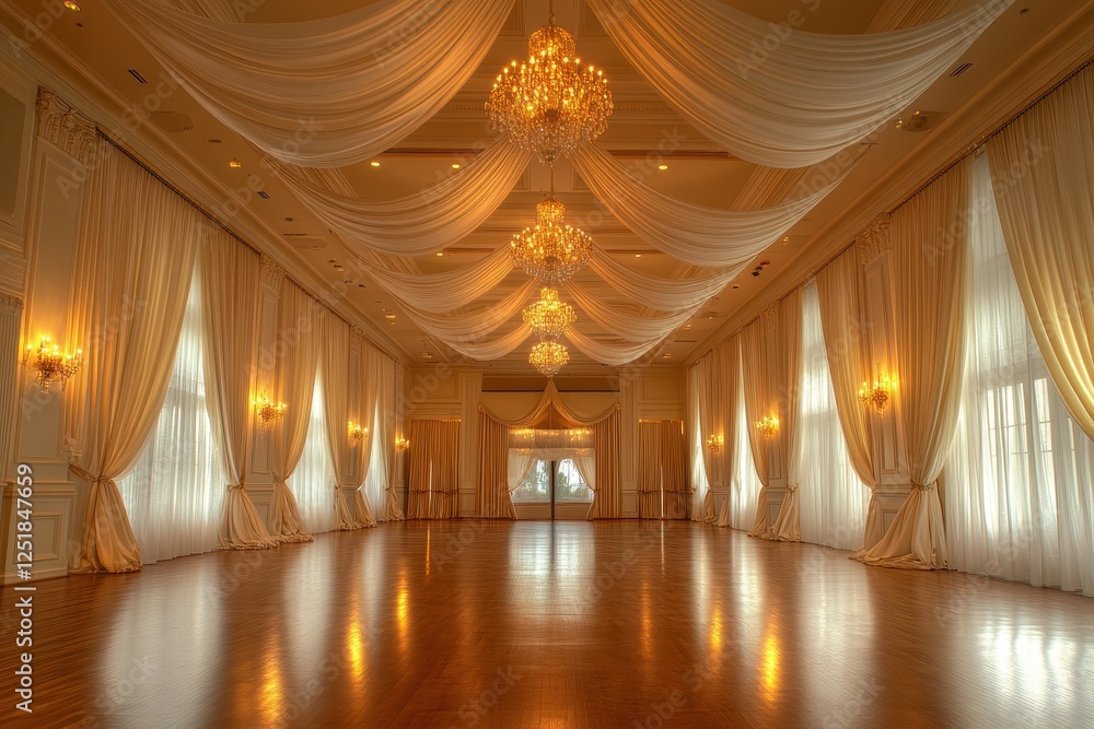 Elegant Ballroom with Draped Curtains and Chandeliers