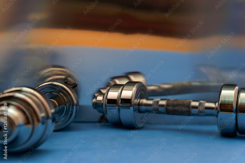 Shiny dumbbells on blue gym floor with reflection