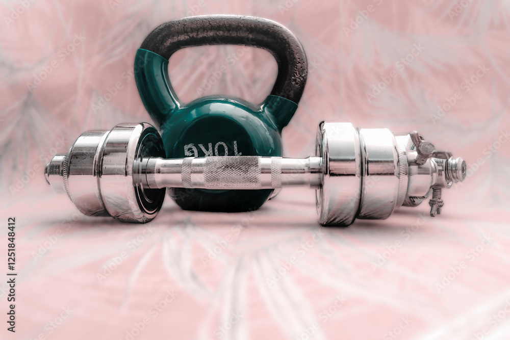 Kettlebell and dumbbell on patterned surface