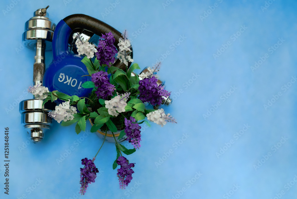 Fitness and wellness concept with kettlebell and flowers