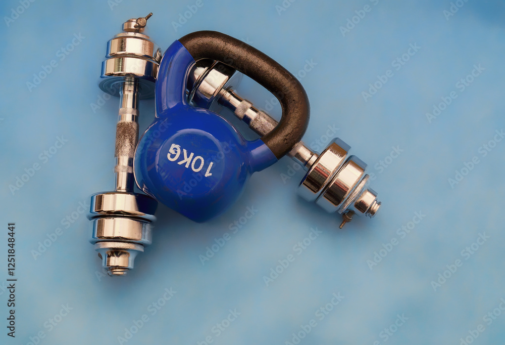 Blue kettlebell and dumbbells on blue background