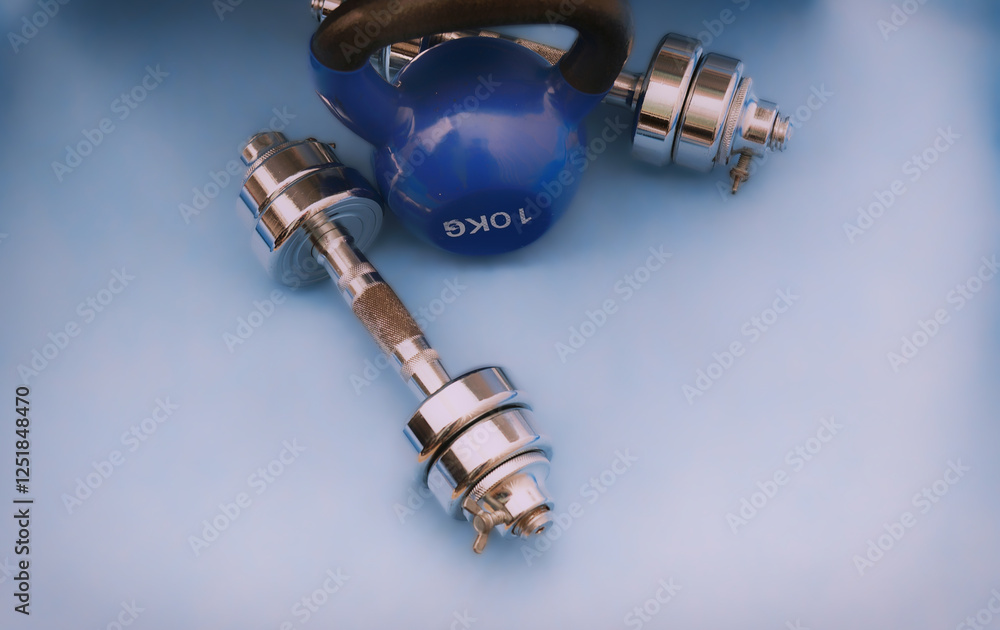 Blue kettlebell and dumbbell on light background