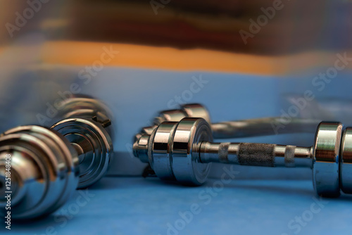 Obraz na płótnie Shiny dumbbells on blue gym floor with reflection w salonie