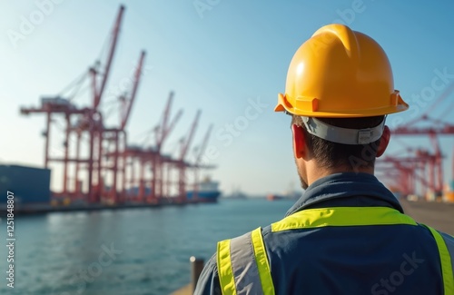 Rear view worker in yellow helmet, uniform looks at seaport. Cranes, ships at dock. Industrial theme of maritime commerce, shipping logistics. Heavy machinery, cargo transportation, safety photo