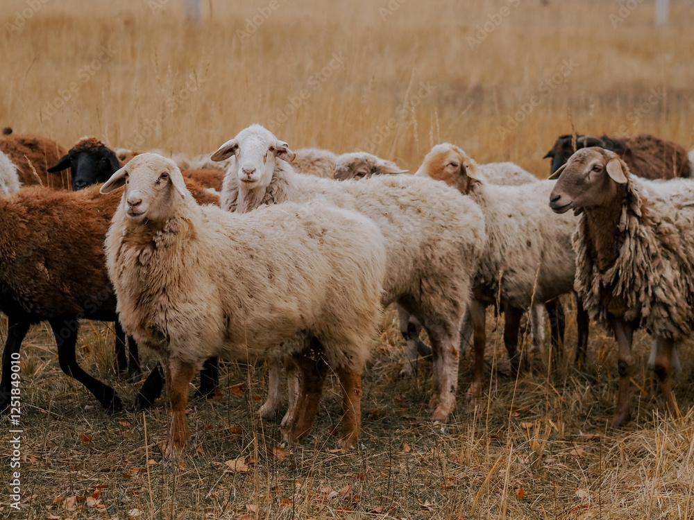 Fototapeta premium A flock of sheep grazing in an autumn meadow