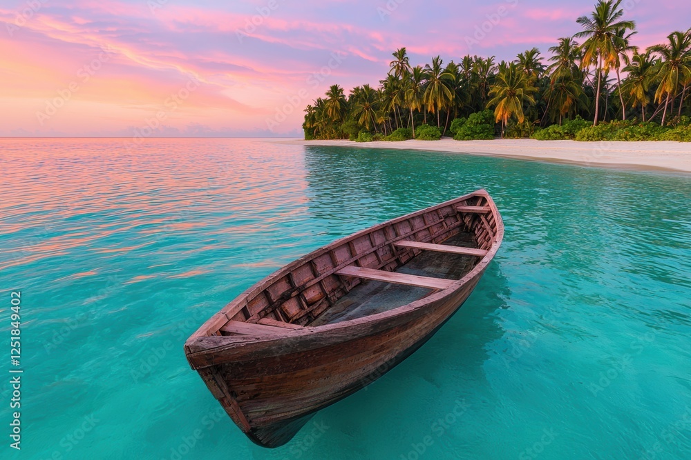 Wooden boat floating in turquoise water at sunset near a tropical island